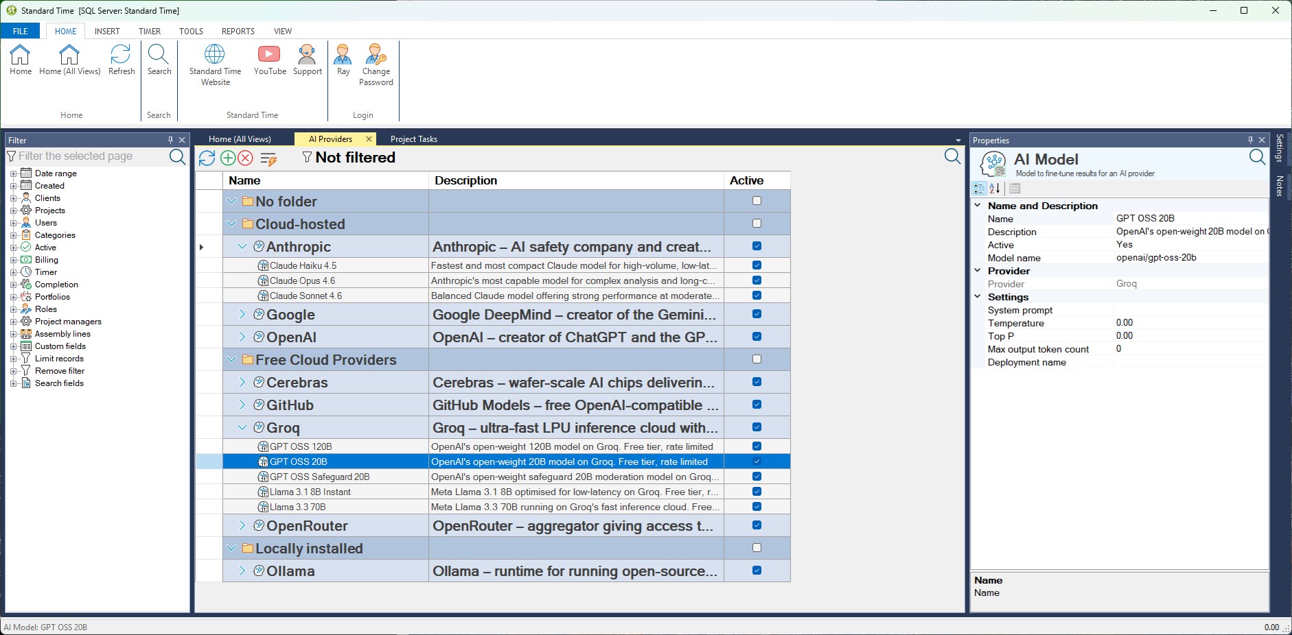 Standard Time project setup screen