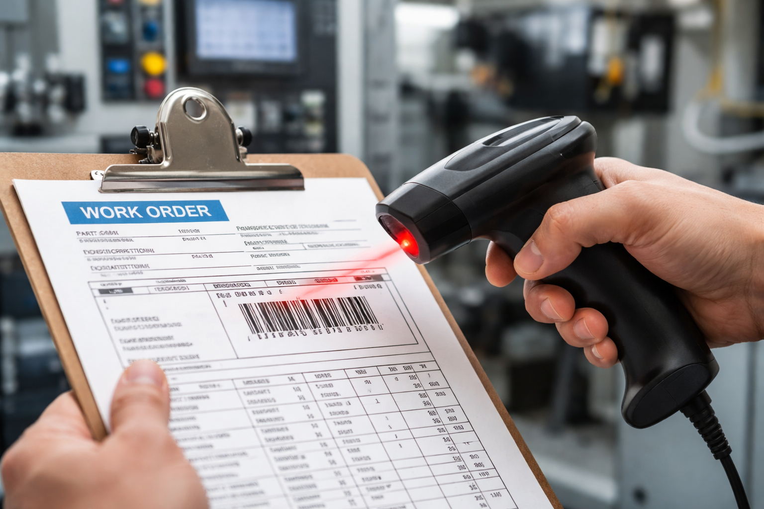 Close-up of a person scanning a barcode label on a manufacturing work order with a red-line laser scanner, manufacturing equipment visible in background