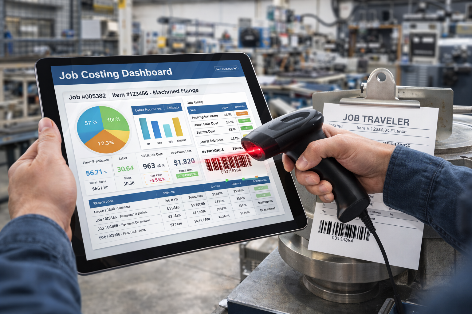 Job shop with barcode tracking and job costing dashboard