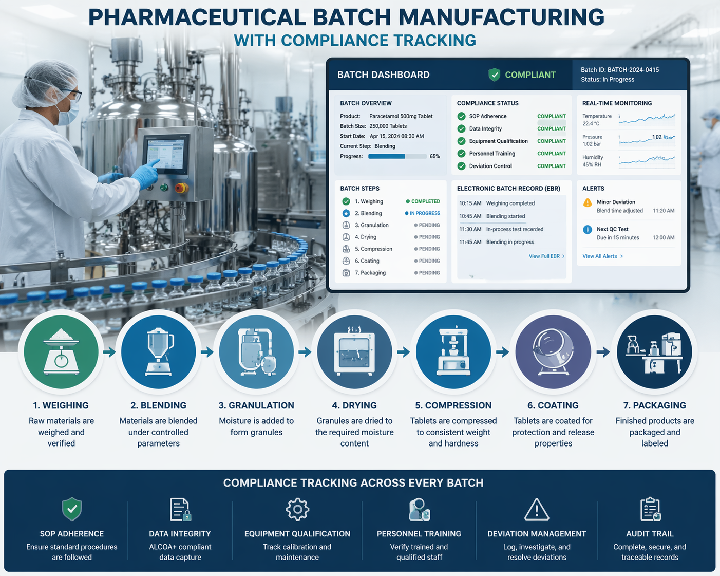 Pharmaceutical batch manufacturing with compliance tracking