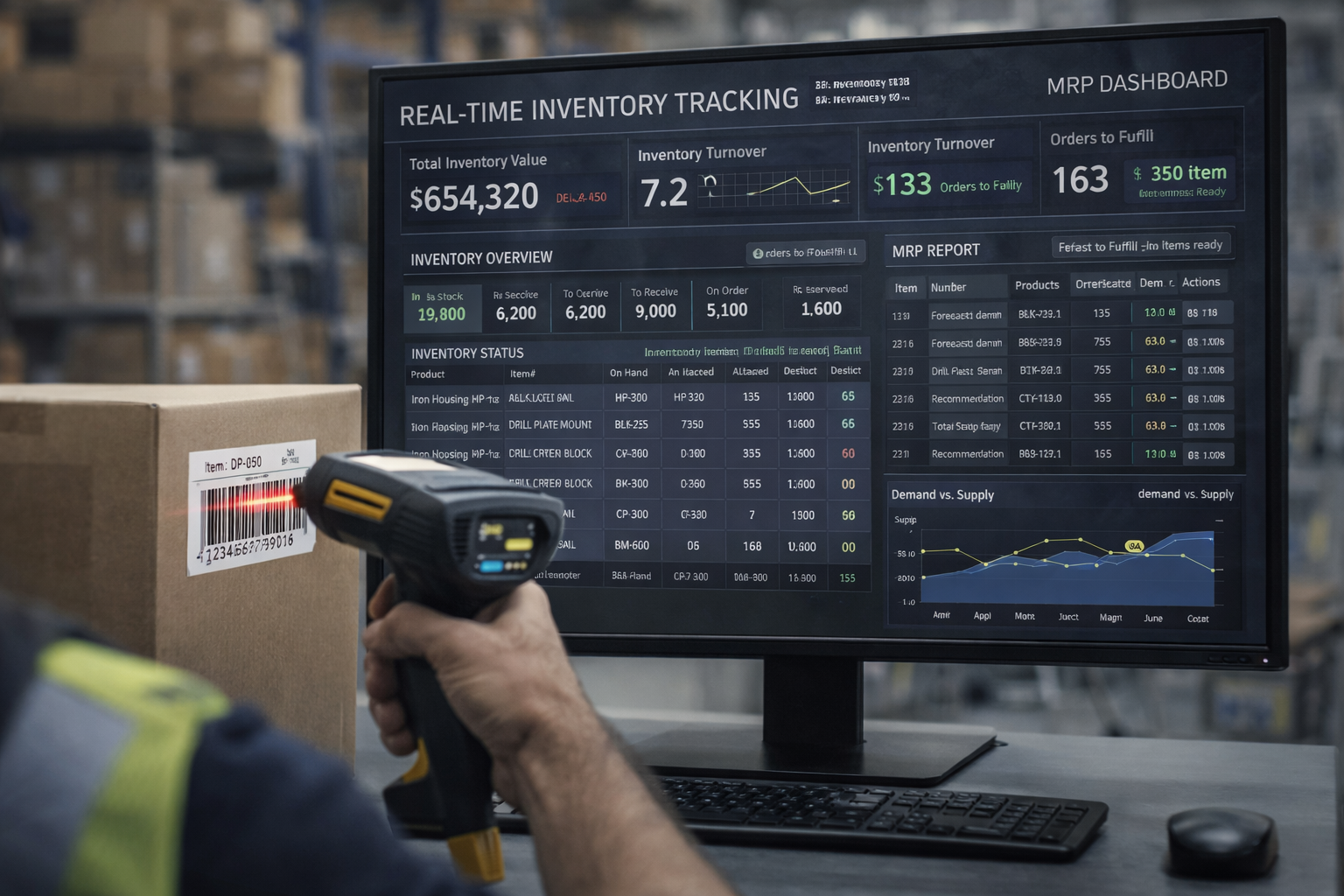 Real-time inventory tracking with barcode scanning and MRP dashboard