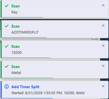 Toast confirmations for scanning the employee badge, ADDTIMERSPLIT, the project, and the category — confirming a new entry was added to the running timer's split list
