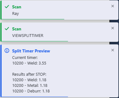 Split Timer Preview toast showing the current timer (10200, Weld: 3.55 hours) and the proposed results after STOP — 10200-Weld, 10200-Metal, and 10200-Deburr each at 1.18 hours