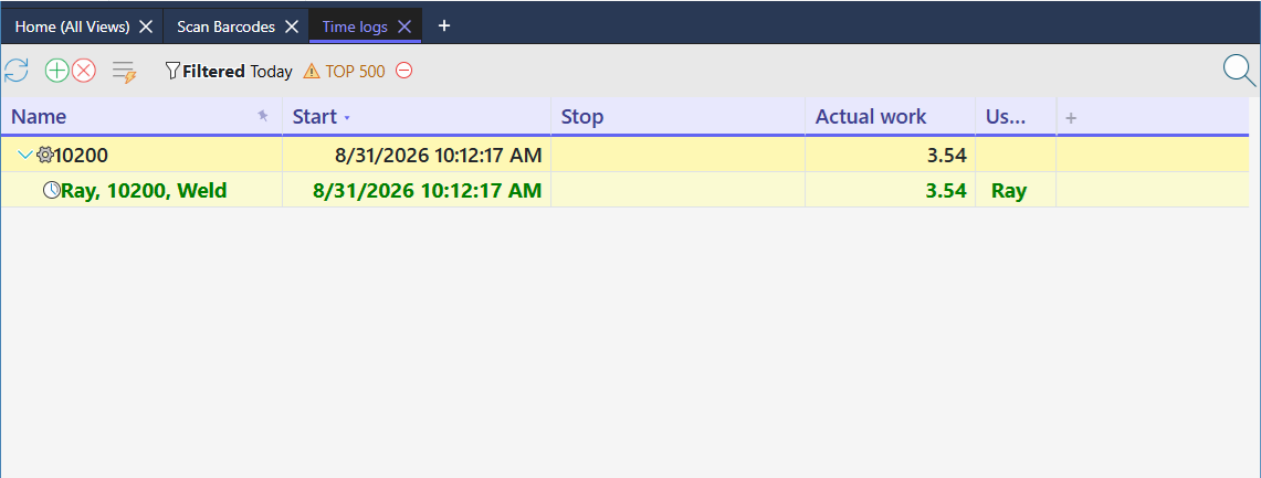 Time Logs page showing a single running timer for 10200, Weld, with no stop time recorded yet