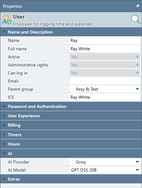 Standard Time user Properties panel with the AI Model field being assigned to an employee account
