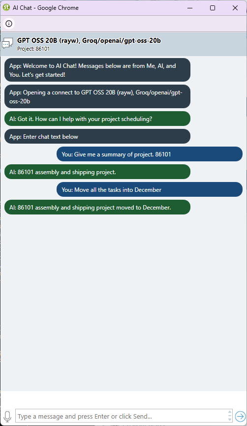 AI Chat window for project 86101 showing the configured provider and model, and a new prompt asking to move all the tasks into December