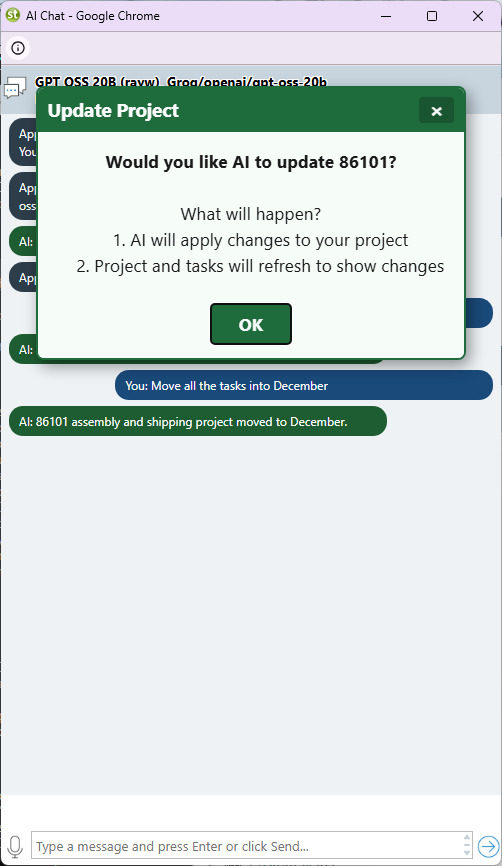 AI Chat window showing the AI's analysis of project 86101 and a confirmation prompt asking to apply the proposed task date changes