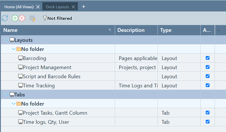 Dock Layouts management grid showing both active and inactive saved layout records