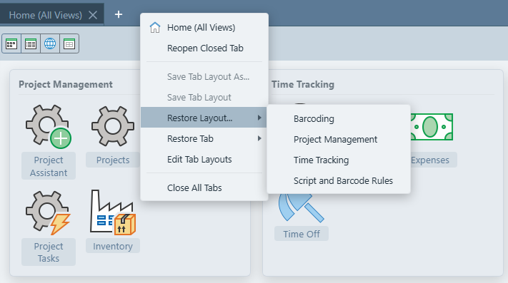 Dock Layout menu opened by right-clicking the empty space at the right side of the tab strip, showing Save Tab Layout As, Save Tab Layout, Restore Layout, and Edit Tab Layouts