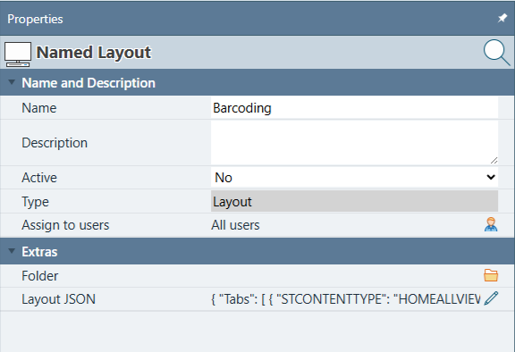 Dock Layout Properties panel showing Name, Description, Active, Type, Assign to users set to All users by default, and Folder fields