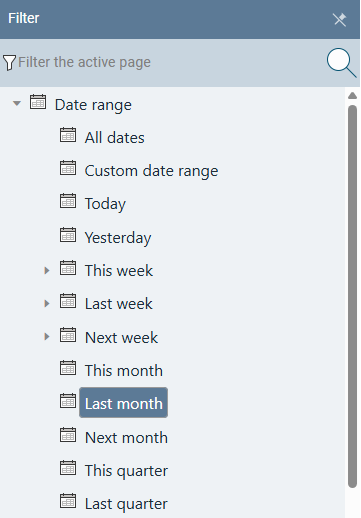 Standard Time® Filter panel with the Date Range section expanded and Last Month selected