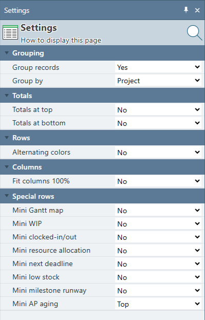 The Settings panel with the Special rows category expanded, listing Mini Gantt map, Mini WIP, Mini clocked-in/out, Mini resource allocation, Mini next deadline, Mini low stock, Mini milestone runway, and Mini AP aging (set to Top), each with a No, Top, or Bottom choice