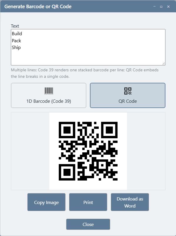 The same window with QR Code selected, showing a single square QR code in the preview that holds the Build, Pack, and Ship text