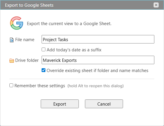Standard Time Google Sheets export dialog showing sheet name, date suffix, Drive folder, override, and remember settings options