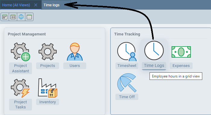 Standard Time® Home screen with the Time Logs tile highlighted