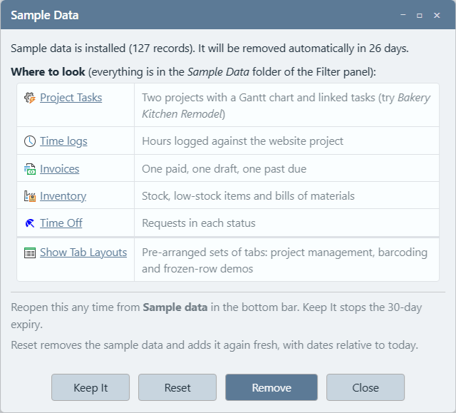 Sample Data window reading Sample data is installed (127 records) and will be removed automatically in 26 days, with a Where to look list linking to Project Tasks, Time logs, Invoices, Inventory, Time Off and Show Tab Layouts, and Keep It, Reset, Remove and Close buttons