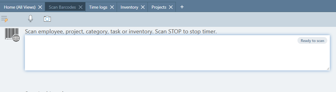 The tab strip after choosing Sample - Barcoding: Home, Scan Barcodes, Time logs, Inventory and Projects tabs, with the Scan Barcodes screen showing and ready to scan
