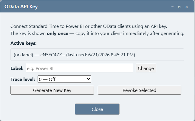 OData API Key dialog showing an active key, Label field, Generate New Key button, and Revoke Selected button