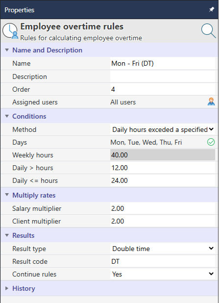 Properties for the Mon - Fri (DT) rule: Order 4, Method Daily hours exceed a specified limit, Days Mon through Fri, Daily greater than 12, Daily less than or equal 24, multipliers 2.00, Result type Double time, code DT, Continue rules Yes