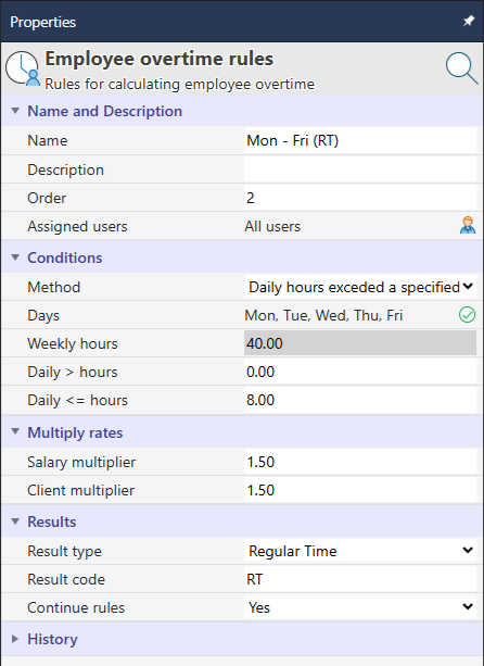 Properties for the Mon - Fri (RT) rule: Order 2, Method Daily hours exceed a specified limit, Days Mon through Fri, Daily greater than 0, Daily less than or equal 8, multipliers 1.50, Result type Regular Time, code RT, Continue rules Yes