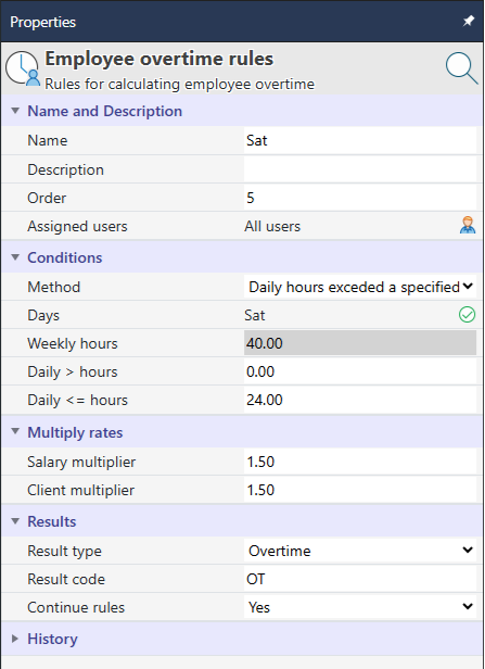 Properties for the Sat rule: Order 5, Method Daily hours exceed a specified limit, Days Sat, Daily greater than 0, Daily less than or equal 24, multipliers 1.50, Result type Overtime, code OT, Continue rules Yes