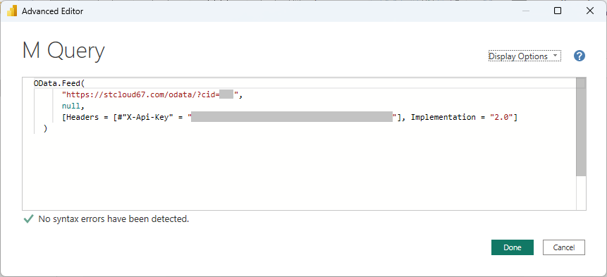 Power BI Advanced Editor showing an OData M query with the API key header