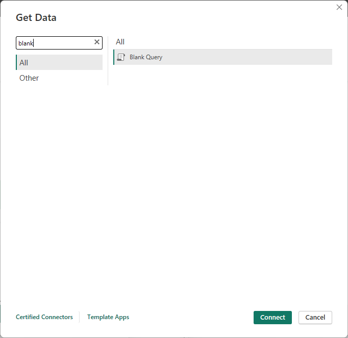 Get Data dialog with Blank Query option highlighted
