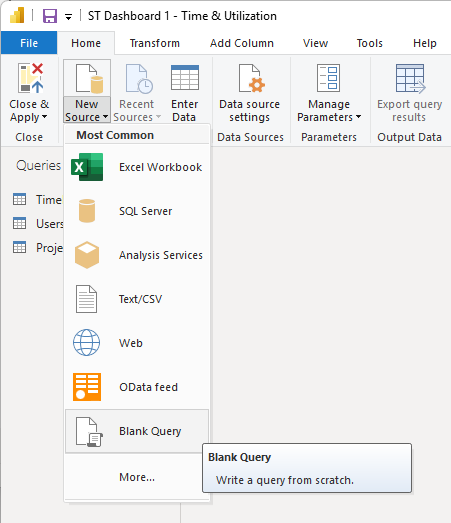 Power BI Home ribbon showing the New Source Blank Query menu option