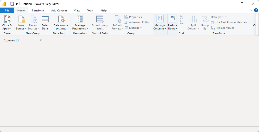 Power Query Editor with an empty Query1 in the Queries pane