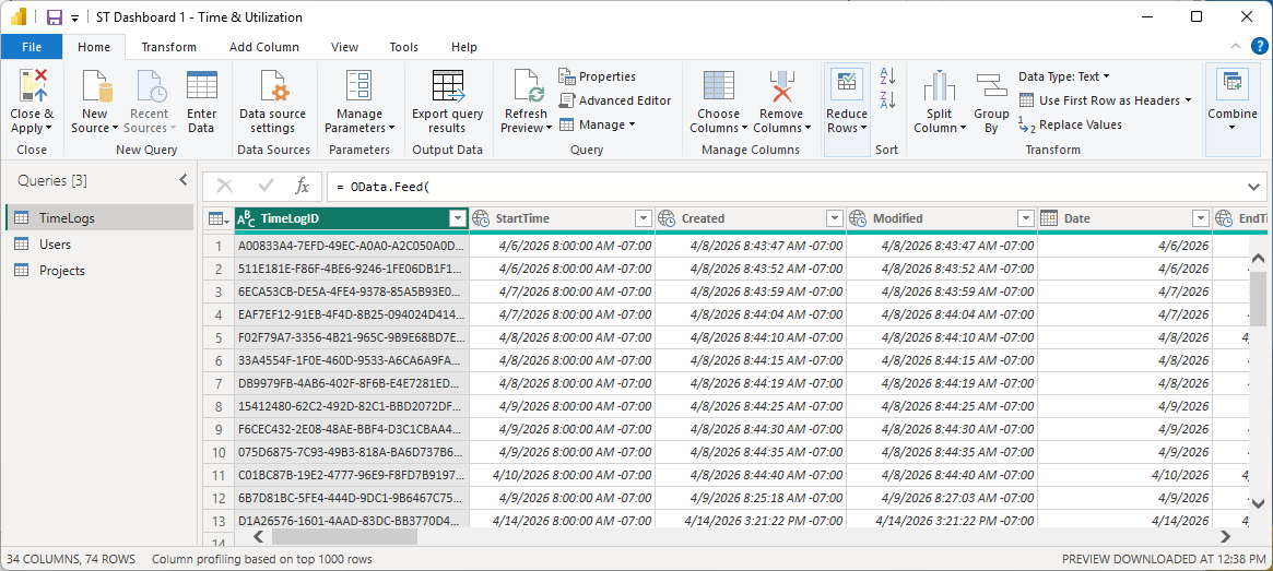 Power Query Editor showing TimeLogs, Users, and Projects queries loaded with row previews