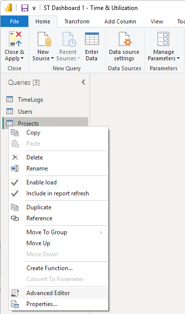 Right-click context menu on Query1 showing Advanced Editor option