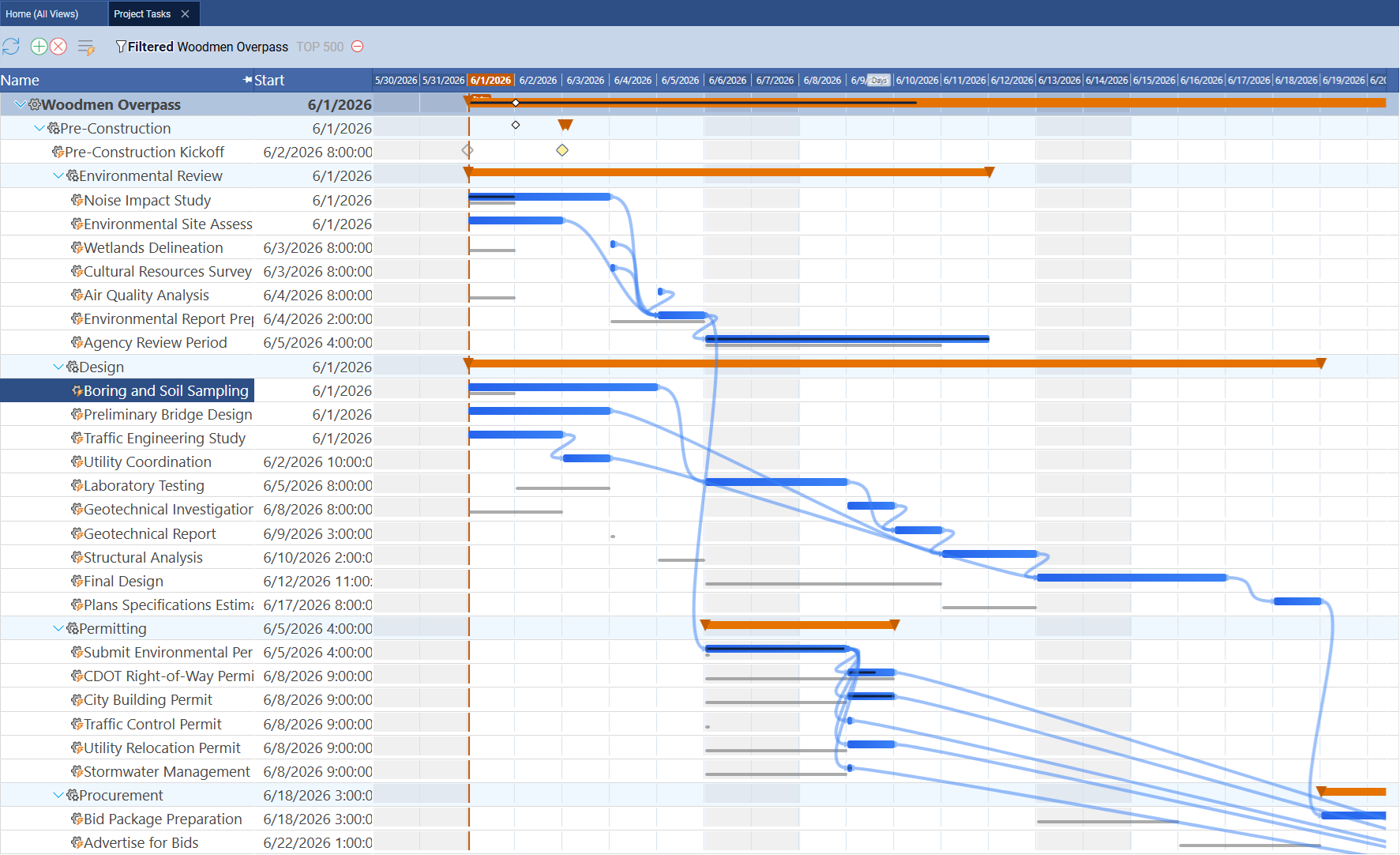 Project Tasks page showing the Gantt chart with today line and task bars