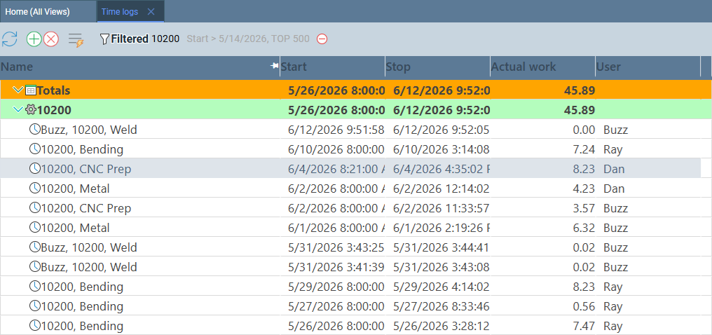 Time Logs grid with the totals row visible at the top, showing total hours for the filtered date range