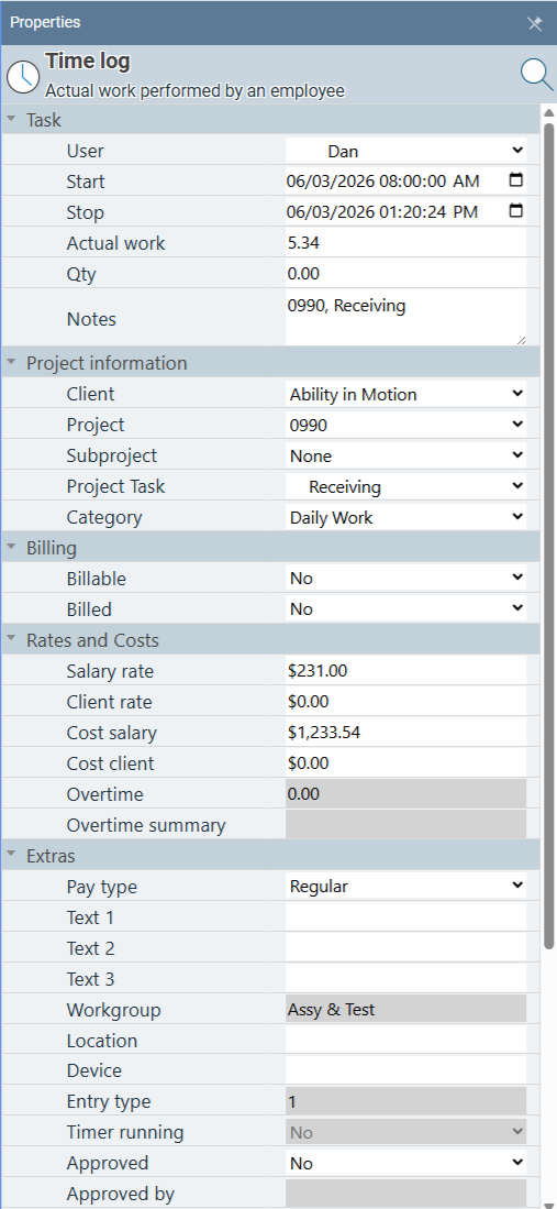 Standard Time® Time Logs page with a single entry selected and its editable fields visible in the Properties panel on the right