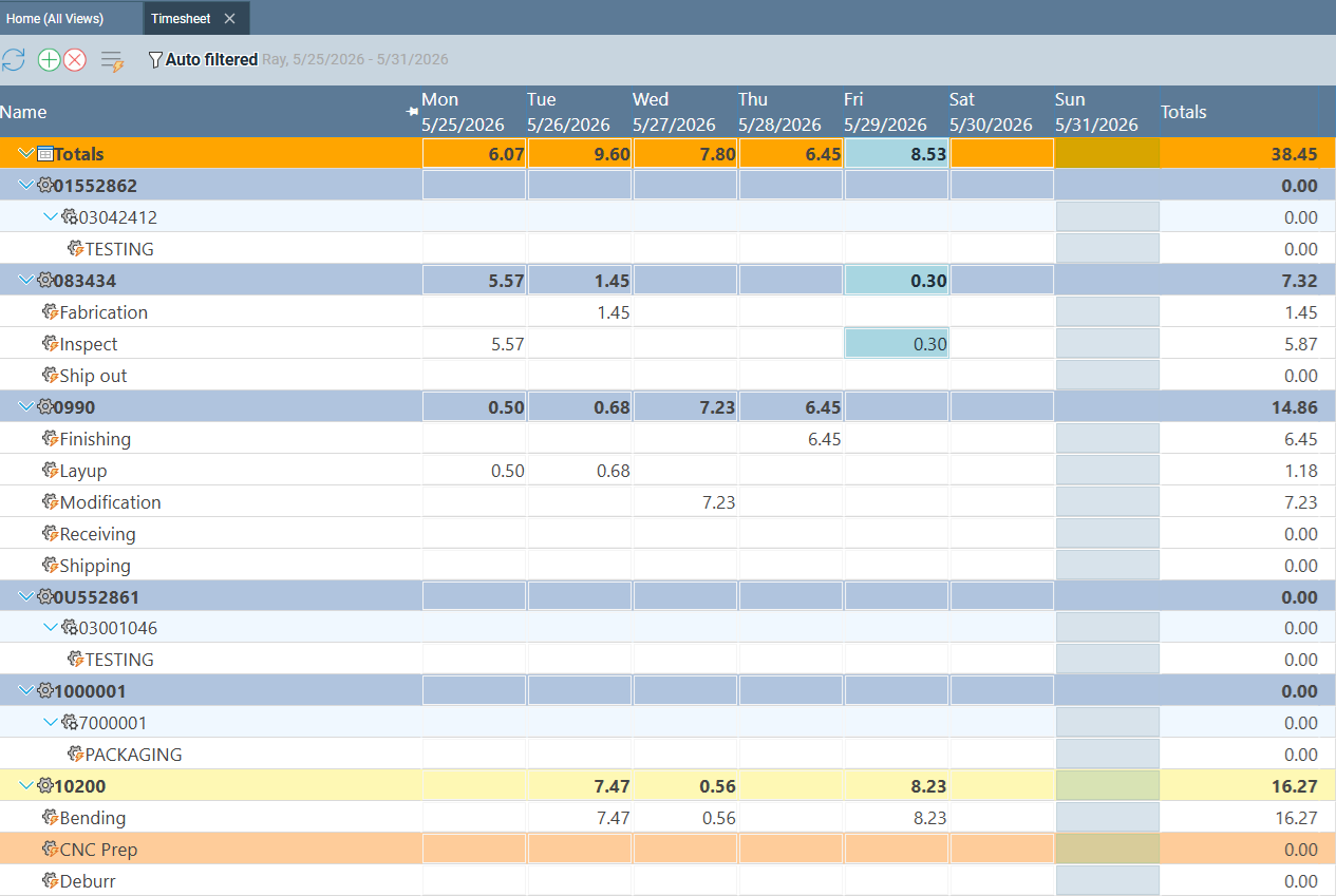 Standard Time timesheet showing projects and time entries ready for export to Excel