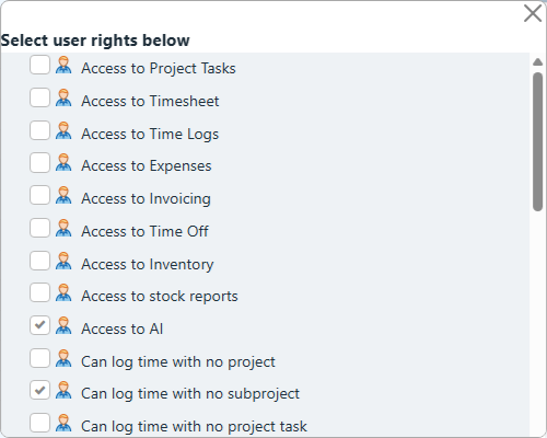 User Rights popup showing a checkbox list of individual feature permissions an employee can be granted or denied