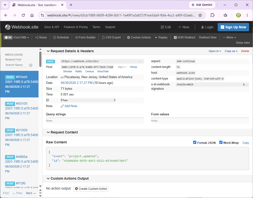 webhook.site request detail pane showing a delivered POST request with a x-st-webhook-signature header and a JSON body containing event and id fields