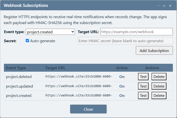 Webhook Subscriptions dialog showing the Add Subscription form fields and a list of three active subscriptions — project.created, project.updated, and project.deleted — each with Test and Delete buttons