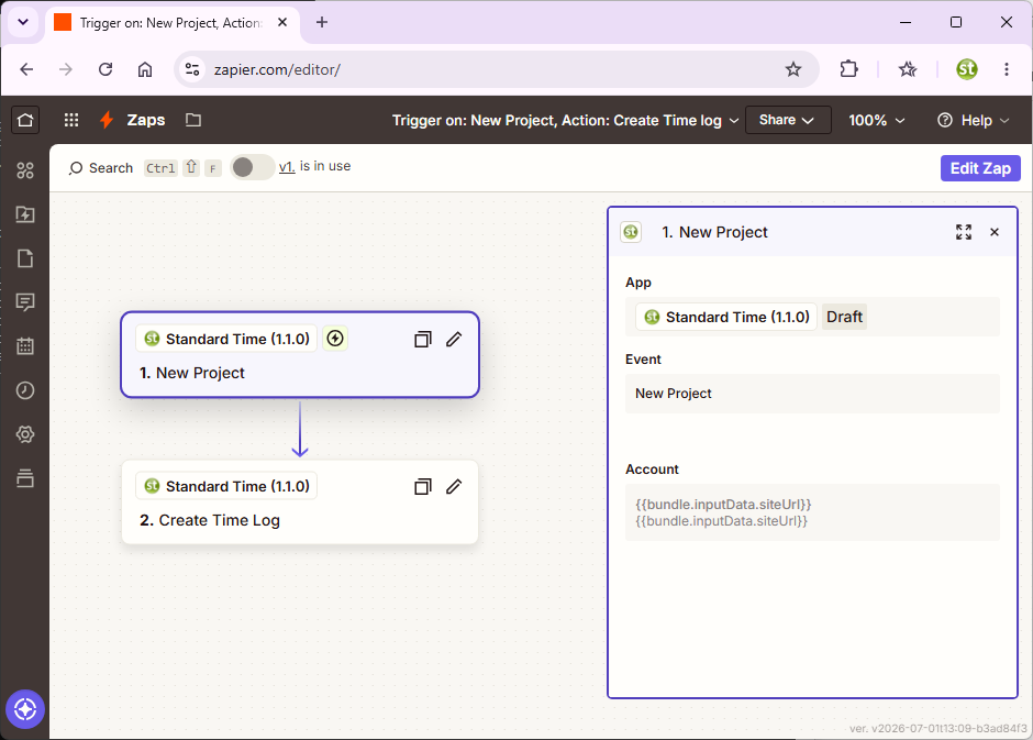 Zapier.com Zap editor showing a New Project trigger step from Standard Time connected to a Create Time Log action step, both using the same connected Standard Time account